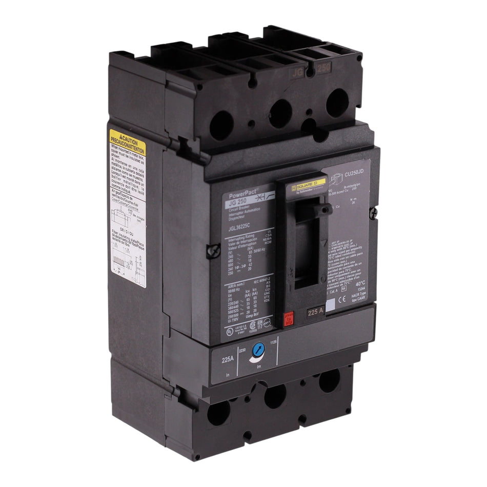Square D PowerPacT J, JGL36225C, 225A, 3P, 600VAC, 18kA, Unit Mount, Thermal Magnetic, Circuit Breaker