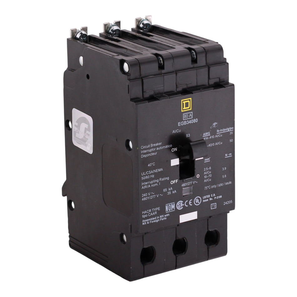 Square D E-Frame, EGB34080, 80A, 3P, 480Y/277V, 65kA, Bolt-On, Thermal-Magnetic, NF Panelboard, Circuit Breaker
