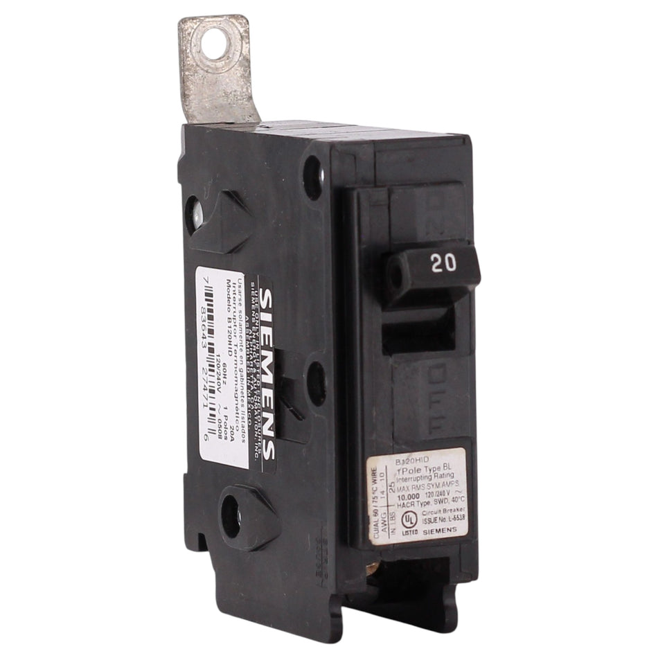 Siemens B120HID, 20A, 1-Pole, 120V, Thermal Magnetic, HID, Bolt-On Circuit Breaker