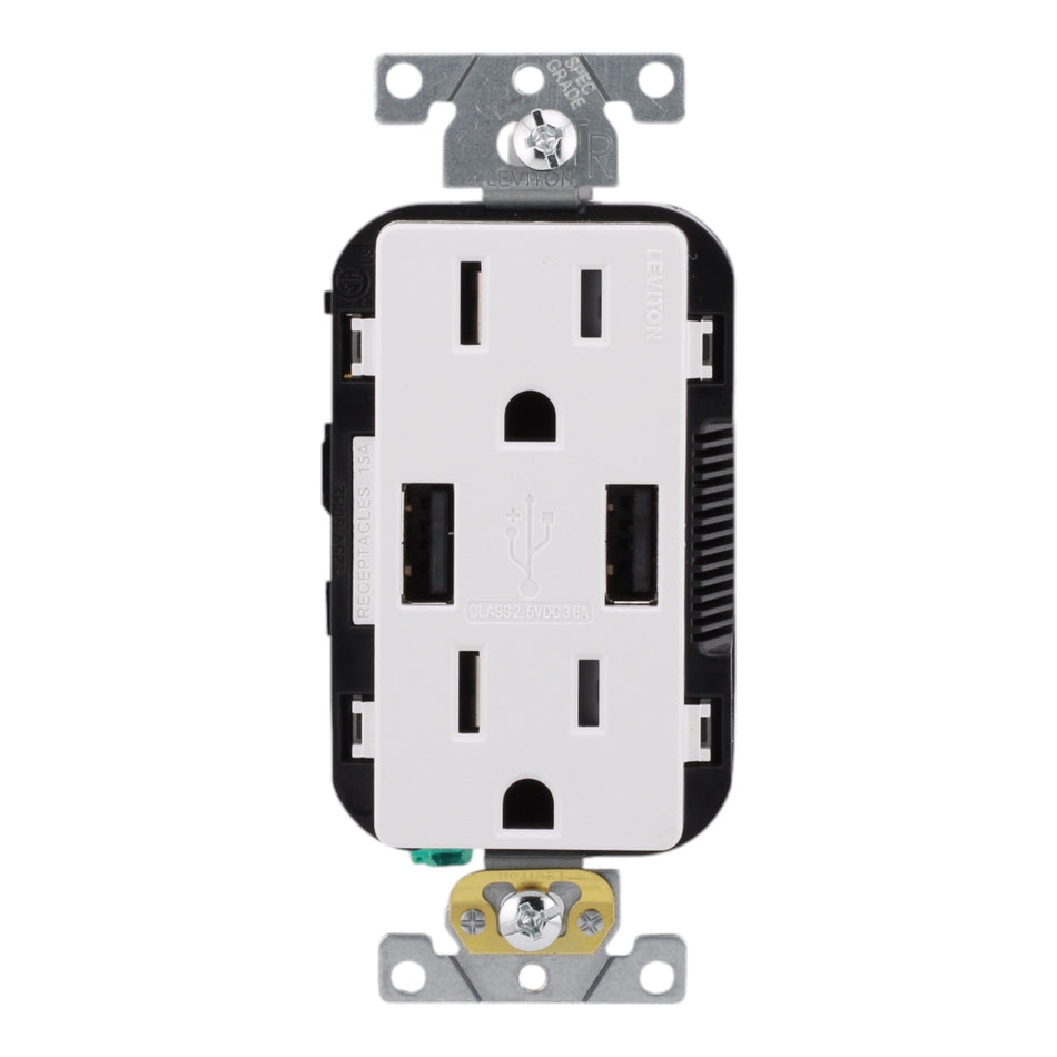 Leviton T5632-SW, 15A, 125V, Tamper-Resistant Duplex Receptacle with 3.6A USB Type-A Charger, White