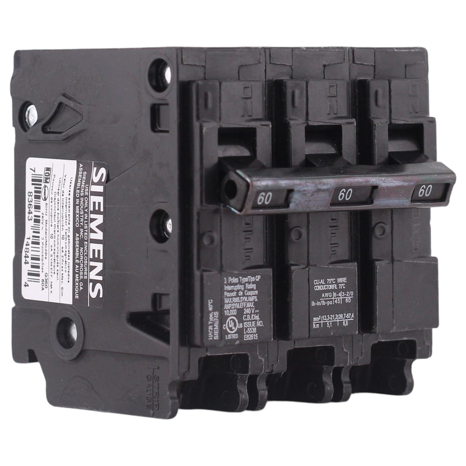 Siemens QP, Q360, 60A, 3P, 240V, 10kA, Plug-In, Thermal-Magnetic, Circuit Breaker