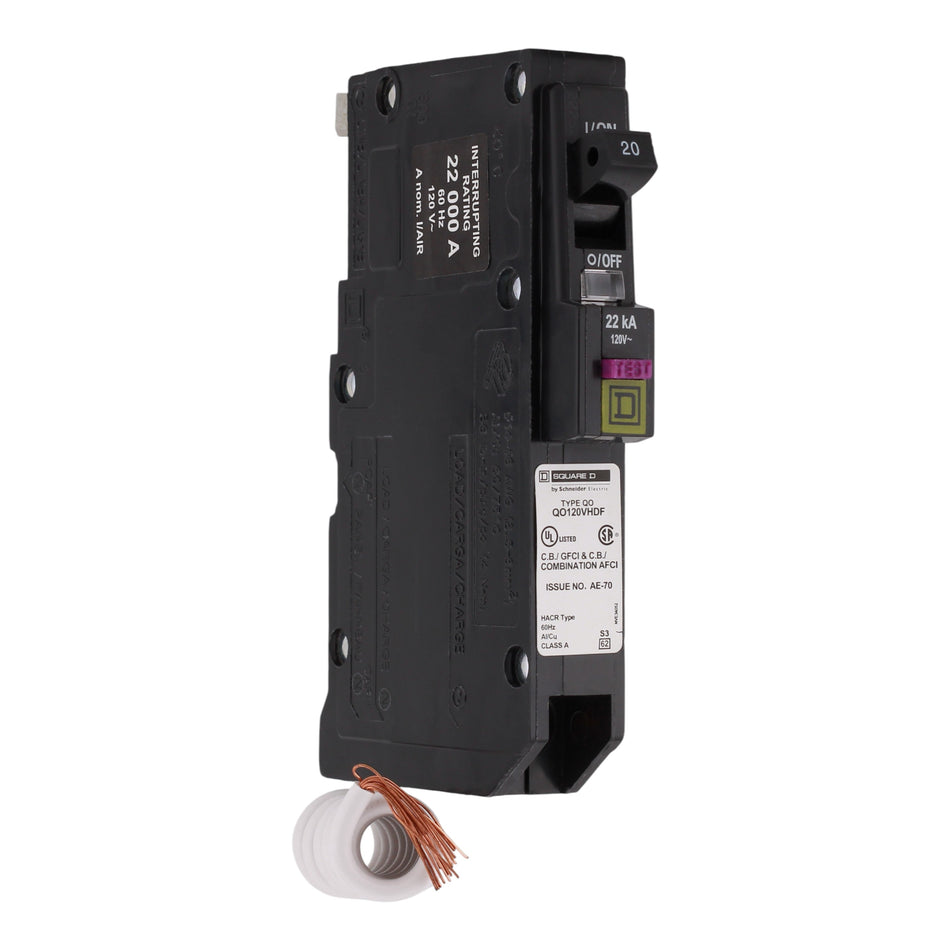 Square D QO QO120VHDF 20A 1P 120V AFCI/GFCI Pigtail Neutral Circuit Breaker 22kA