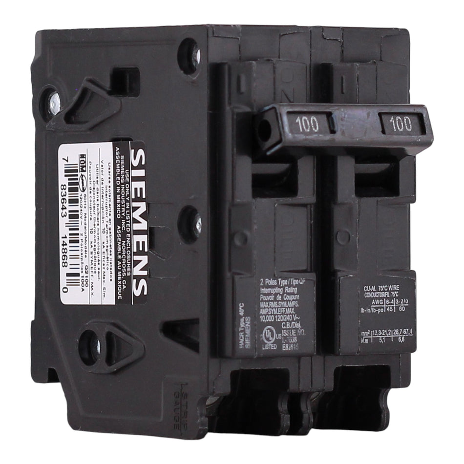Siemens Q2100 100 Amps 120/240 Volts Double Pole Thermal Magnetic Circuit Breaker, Plug-In Mount