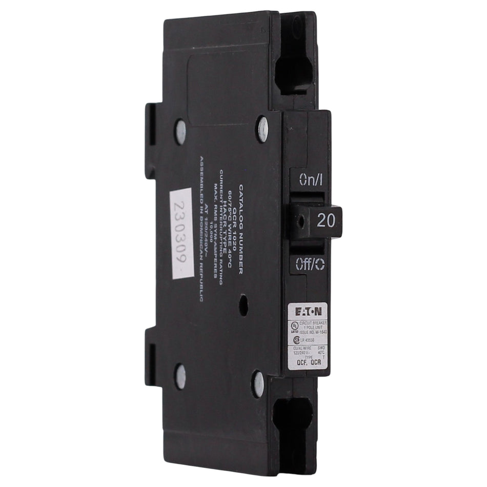 Eaton QCR, QCR1020, 20A, 1P, 120/240V, 10kA, Cable-In/Cable-Out, DIN Rail, Quicklag, Thermal-Magnetic, Circuit Breaker