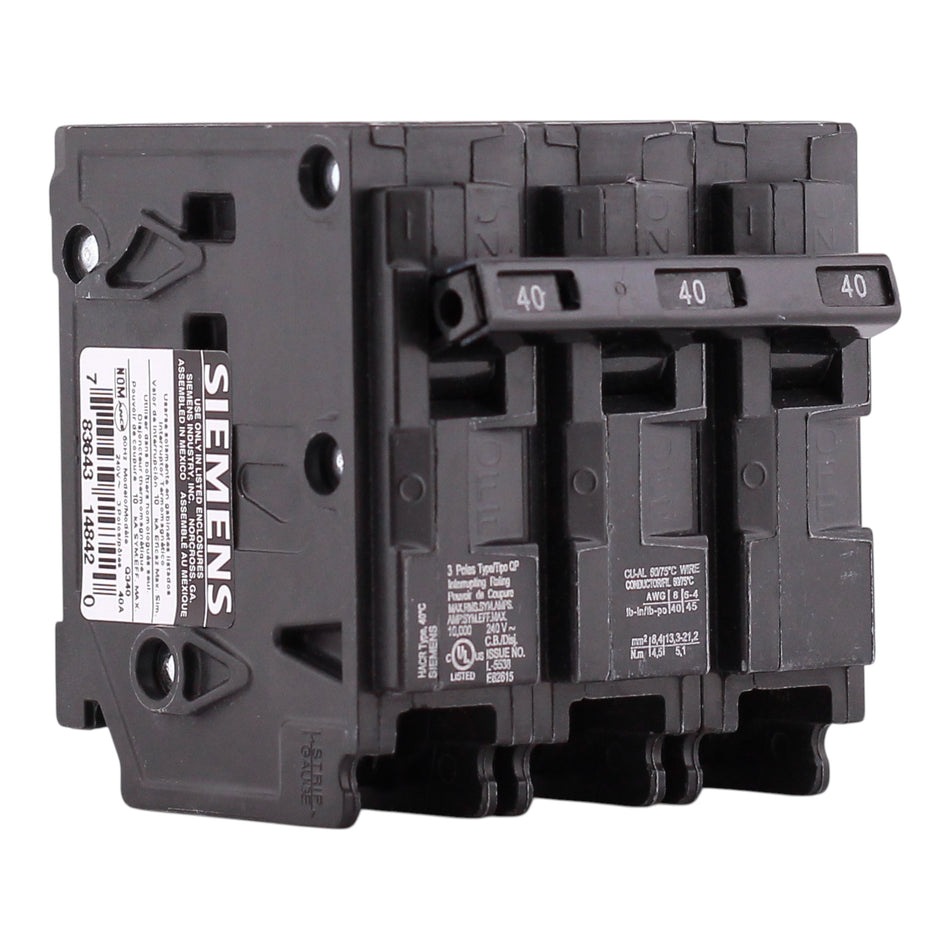 Siemens QP, Q340, 40A, 3P, 240V, Thermal Magnetic, Plug-In, Circuit Breaker