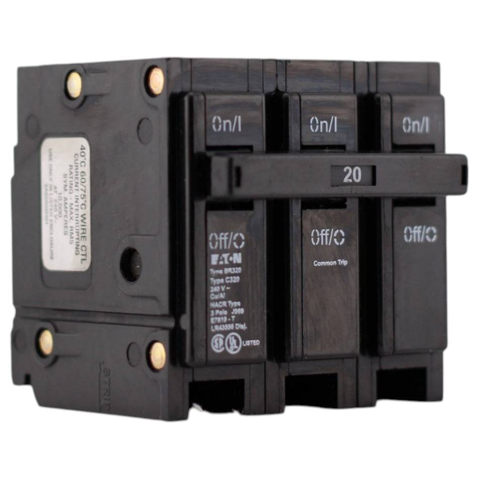 Eaton BR, BR320, 20A, 3P, 240V, Thermal Magnetic, Plug-In, Circuit Breaker