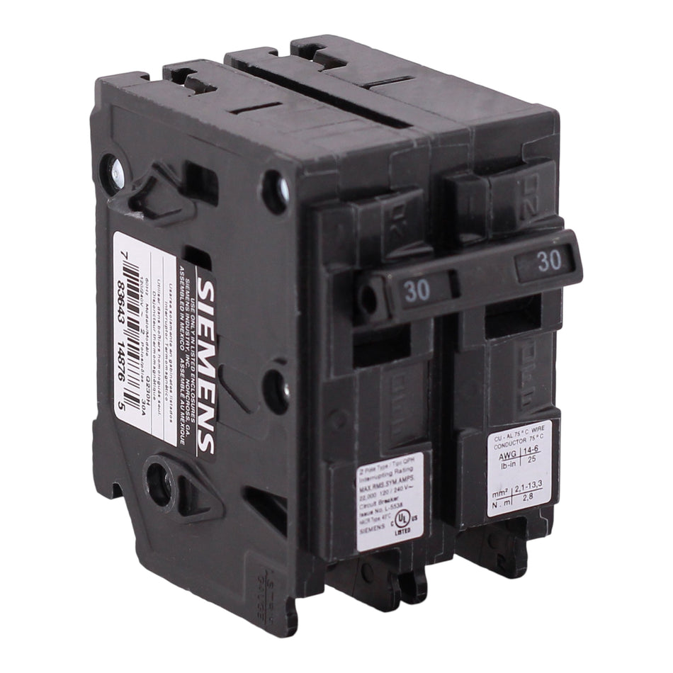 Siemens QP, Q230H, 30A, 2P, 120/240V, 22kAIC, Thermal Magnetic, Circuit Breaker