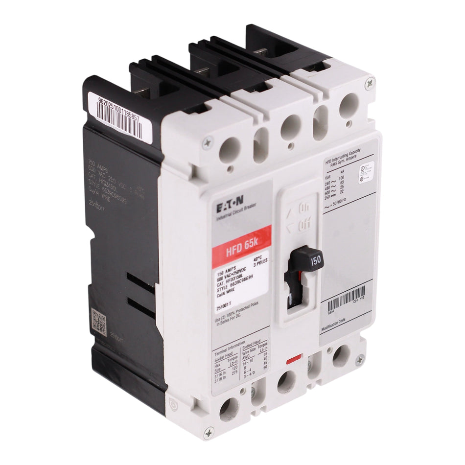 Eaton Series C, HFD3150L, 150A, 3P, 600VAC/250VDC, 100kA/65kA, Fixed Thermal/Magnetic, Molded Case Circuit Breaker