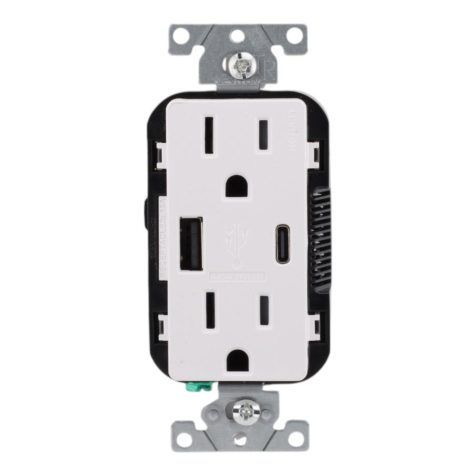 Leviton T5633-W, 15A, 125V, Tamper-Resistant Outlet with 5.1A USB Type-A/Type-C Charger, White