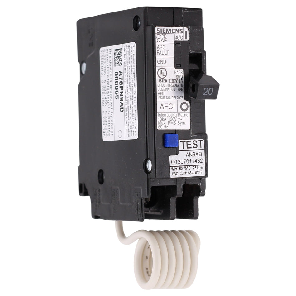 Siemens QP, Q120AFC, 20A, 1P, 120V, AFCI, Pigtail Neutral, Circuit Breaker