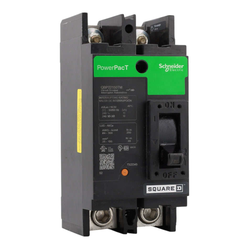 Square D PowerPacT QDP22150TM, 150A, 240V, 2-Pole Molded Case Circuit Breaker, Thermal Magnetic, 25kA, Lugs, for 240VAC Systems