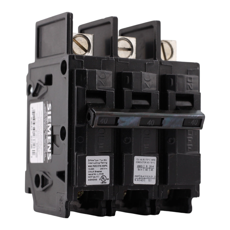 Siemens BQ3B040L, 40A, 3P, 240V, Lug-In/Lug-Out, Circuit Breaker