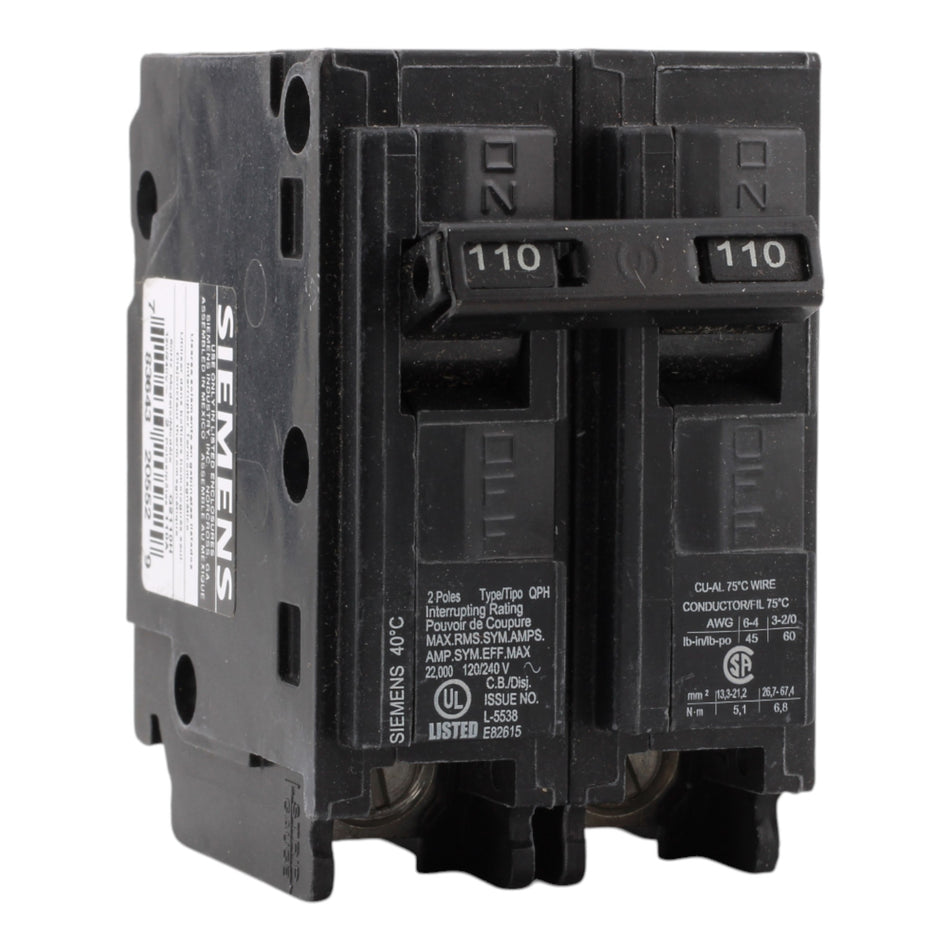 Siemens Q2110H 110A 2P 120/240V Thermal-Magnetic Circuit Breaker