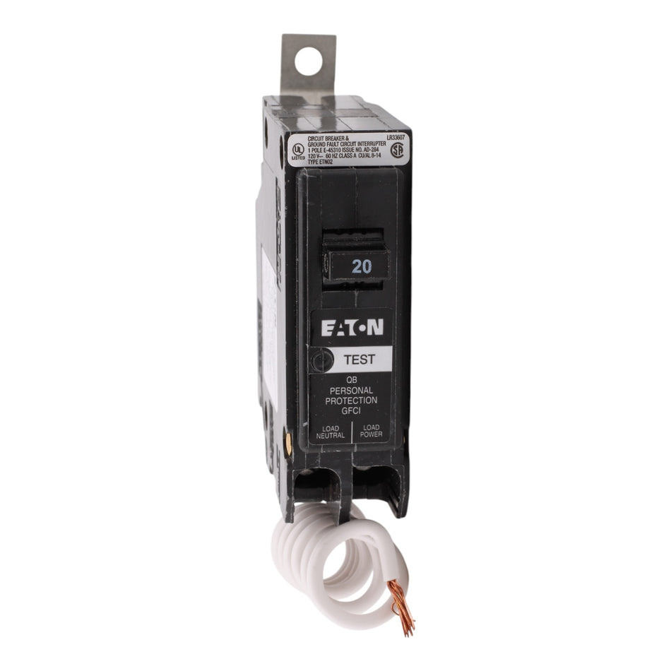 Eaton QB1020GF, 20A, 120/240V, 1-Pole GFCI Circuit Breaker, 5mA Trip, Bolt-On, for QB Load Centers