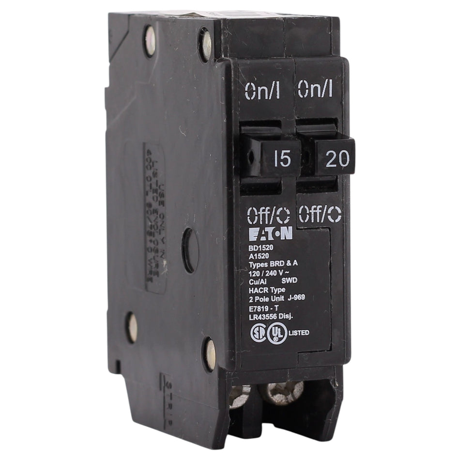 Eaton BR, BD1520, 15/20A, 1P, 120V, Duplex, Thermal-Magnetic, Circuit Breaker