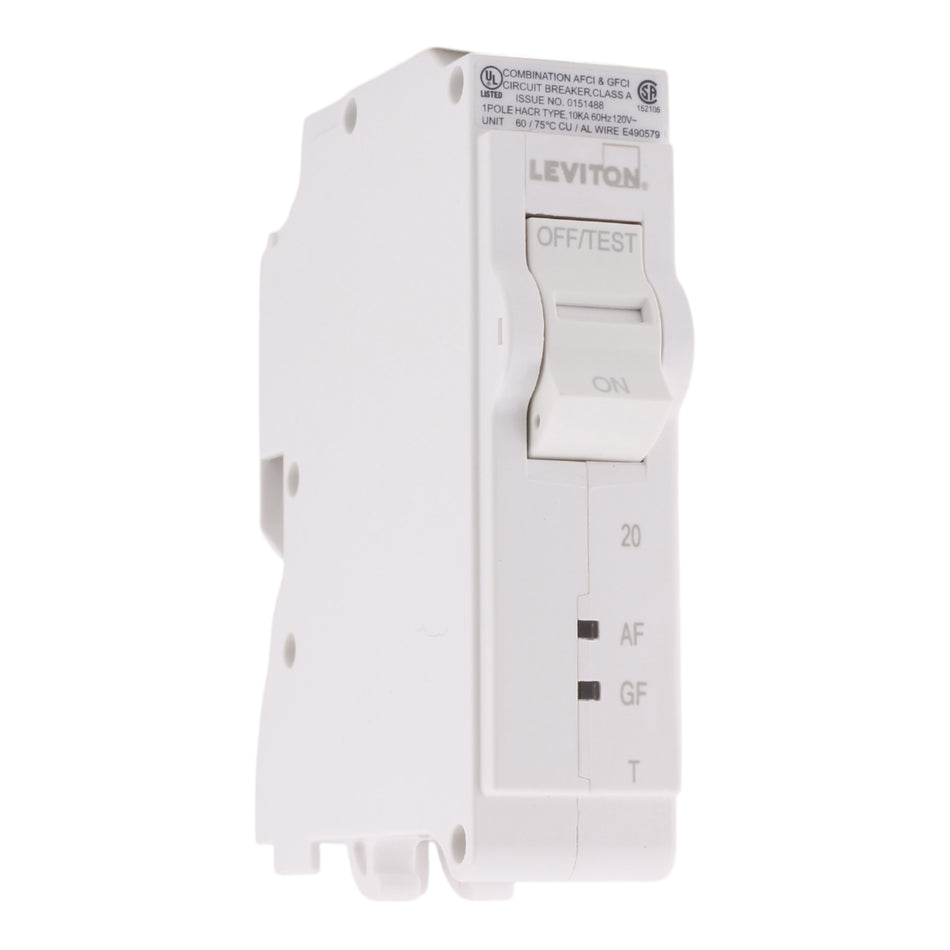 Leviton LB120-DFT, 20A, 120V, 1-Pole Dual Function AFCI/GFCI Circuit Breaker, Thermal Magnetic, Plug-On Neutral, for Leviton Load Centers