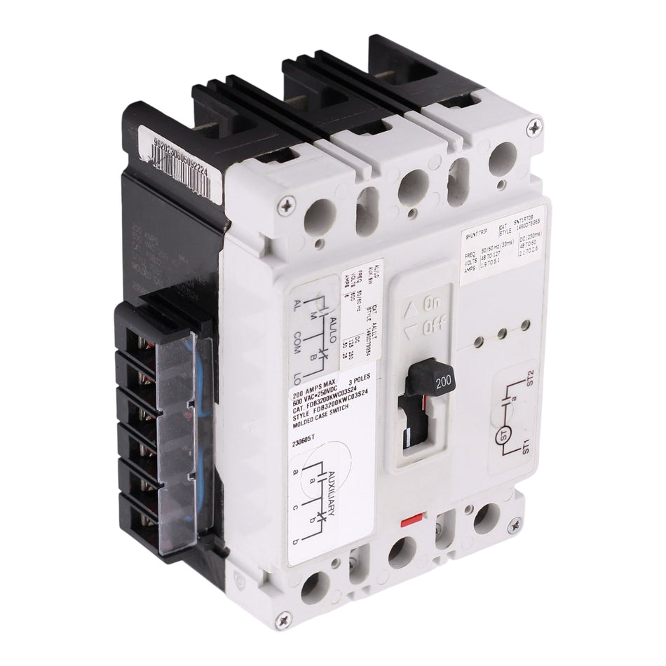 Eaton Series C, FDB3200KWC03S24, F-Frame, 200A, 3P, 600VAC/250VDC, Molded Case Switch, with Auxiliary Switch & Shunt Trip