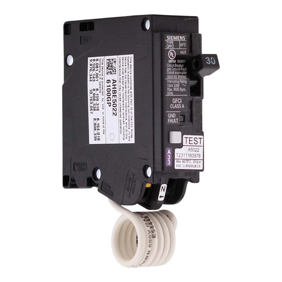Siemens QPF2, QF130A, 30A, 1P, 120V, GFCI, Pigtail Neutral, Circuit Breaker
