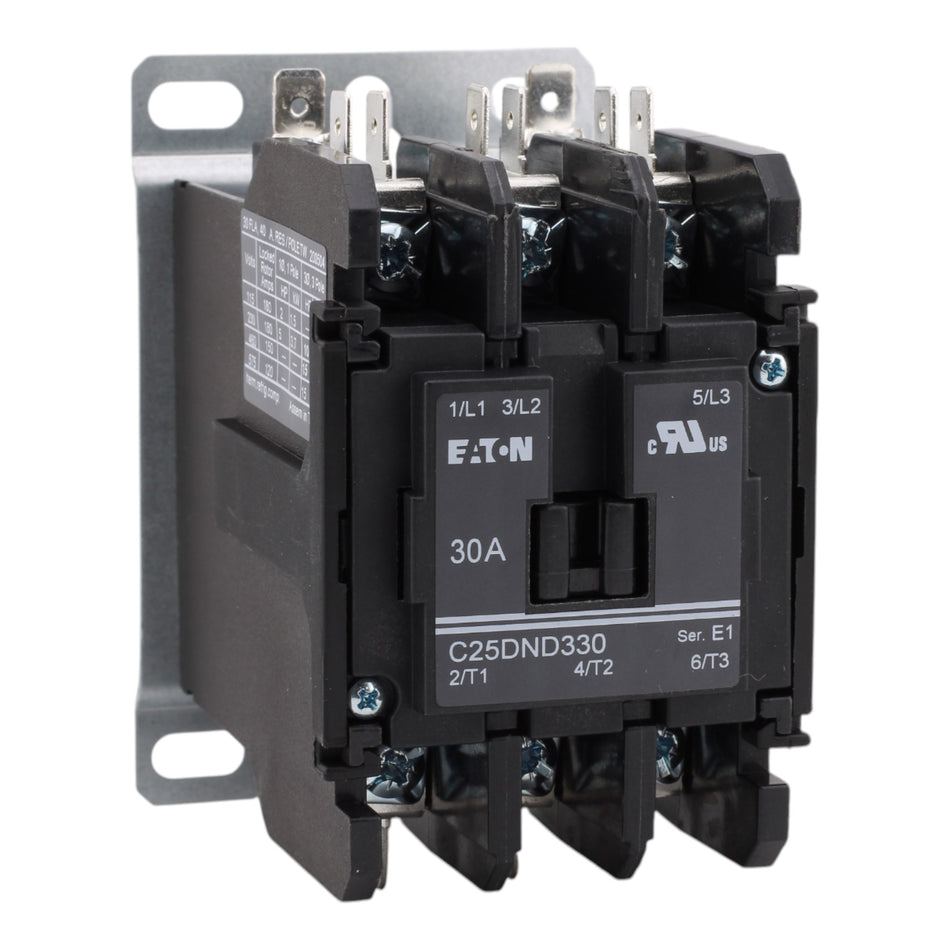 Eaton C25DND330A Definite Purpose Contactor, 30A, 110-120VAC, 3-Pole, Non-Reversing, Quick Connect Terminals