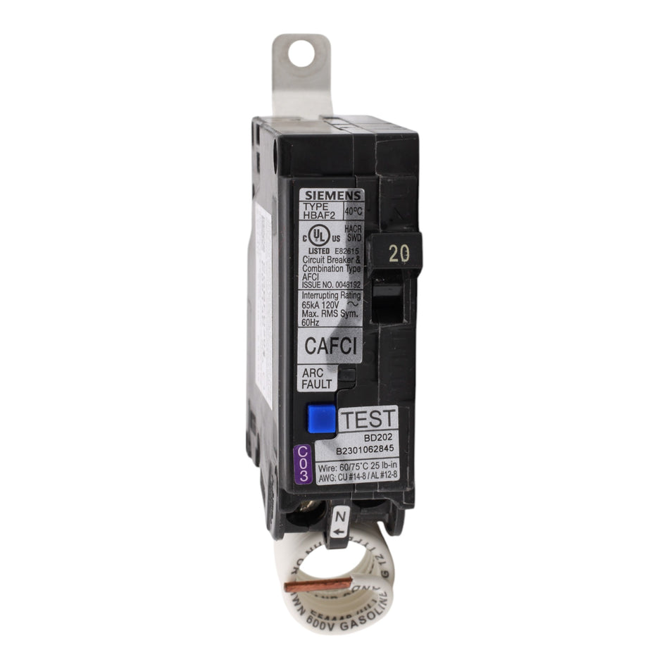 Siemens BA120AFCHH, 20A, 120V, 1-Pole, AFCI Circuit Breaker, 65kA Interrupt Rating, Thermal Magnetic, Panelboard Mounting