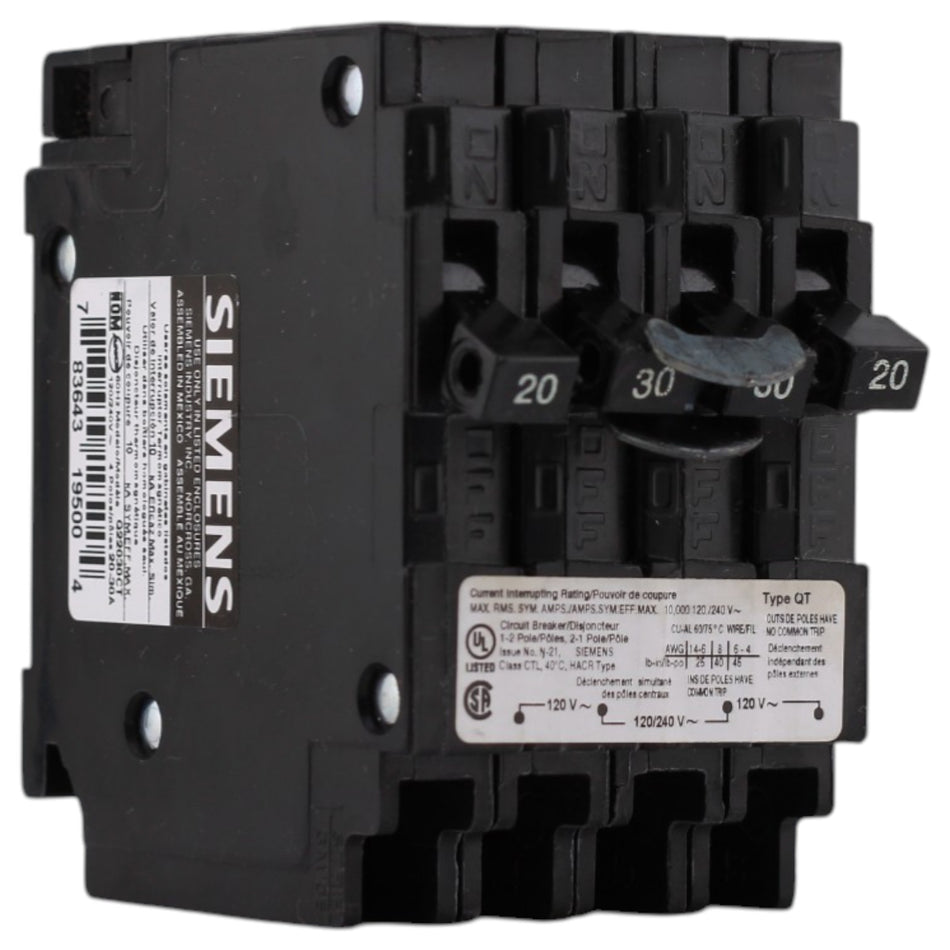 Siemens QT, Q22030CT, (2) 20A 1P, (1) 30A 2P, 120/240V, Triplex, Circuit Breaker
