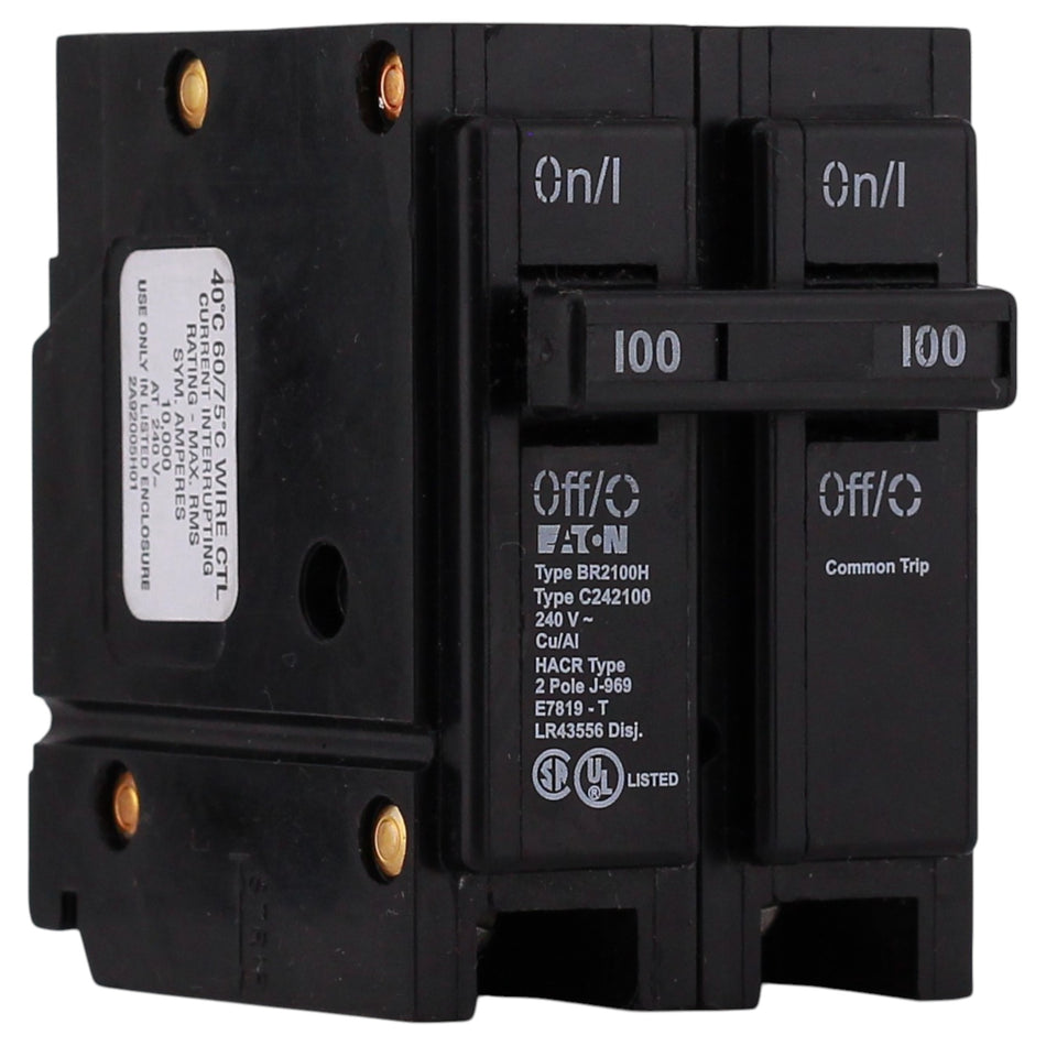 Eaton BR, BR2100H, 100A, 2P, 240V, 42kA, Plug-On, High-Magnetic, Thermal-Magnetic, Circuit Breaker