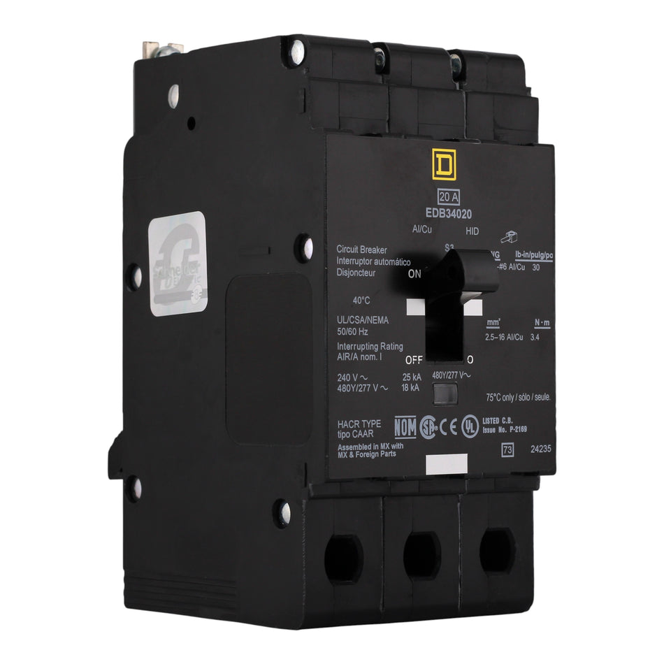 Square D E-Frame EDB34020 20A 3P 480Y/277V 25kA Bolt-On Circuit Breaker
