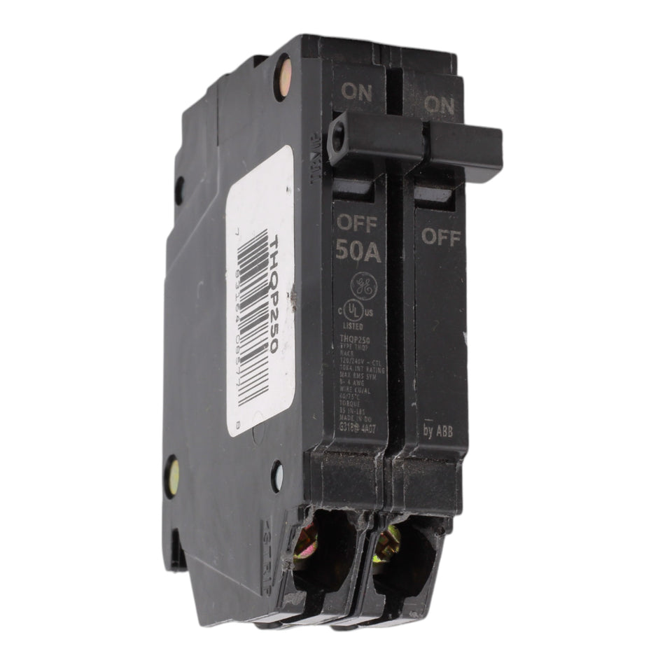 GE THQP250, 50A, 120/240V, 2-Pole Circuit Breaker, Plug-In, for Load Centers and Lighting Panels