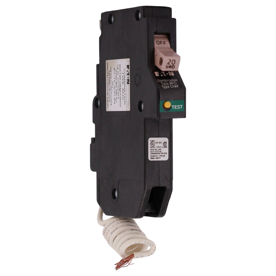 Eaton CH, CH120CAFA, 20A, 1P, 120/240V, CAFCI, Pigtail Neutral, Circuit Breaker