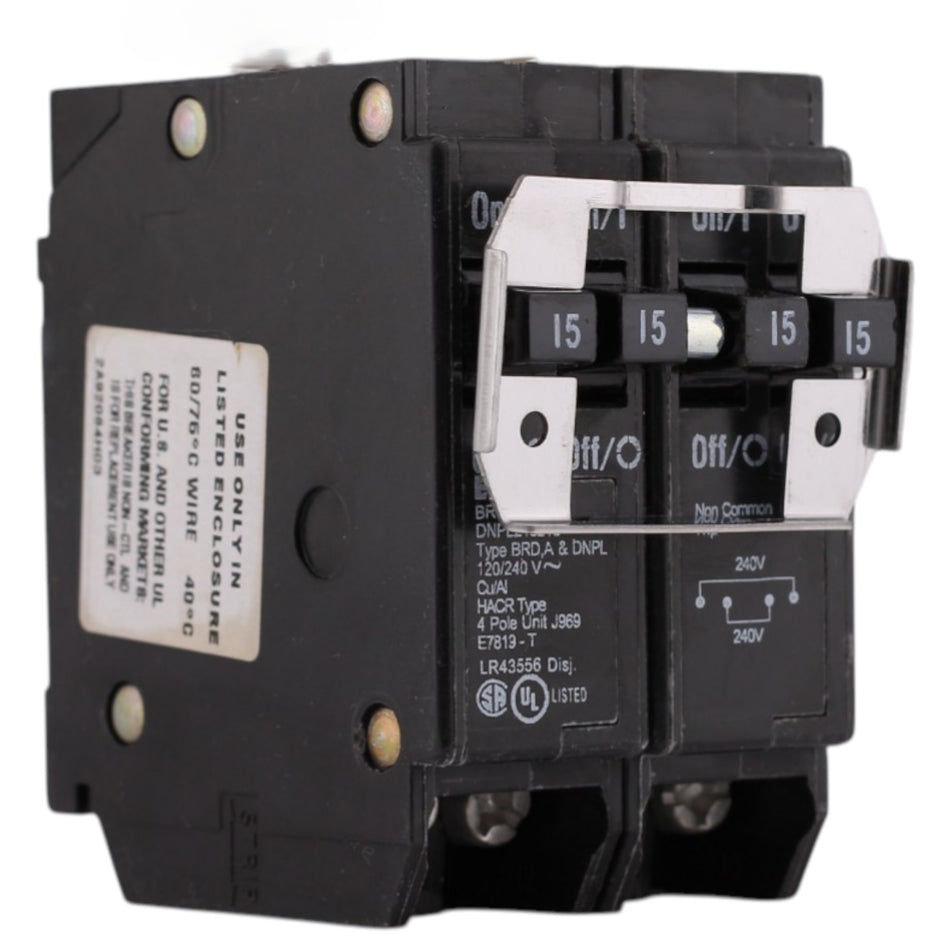 Eaton BR, BR415, (2) 15A, 4P, 120/240V, Quadplex, Non-CTL, Plug-On, Circuit Breaker