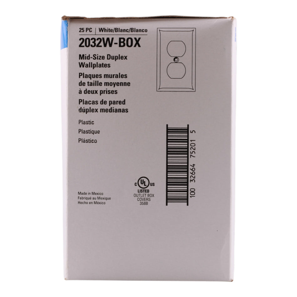 Eaton PACK-25 2032W-BOX Mid-Size 1-Gang Duplex Receptacle Wallplate White Thermoset