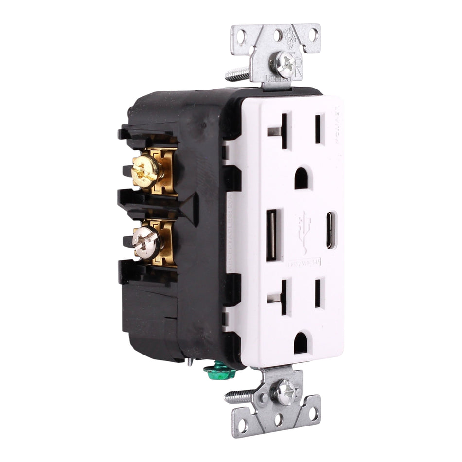 Leviton Decora, T5833-W, 20A, 125V, NEMA 5-20R, USB Type-A/Type-C Combo Outlet, Tamper-Resistant, White