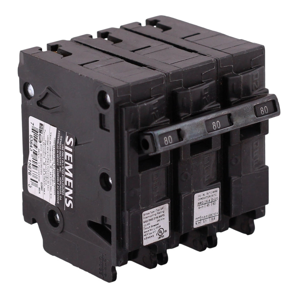 Siemens QP, Q380, 80A, 3P, 240V, 10kA, Circuit Breaker