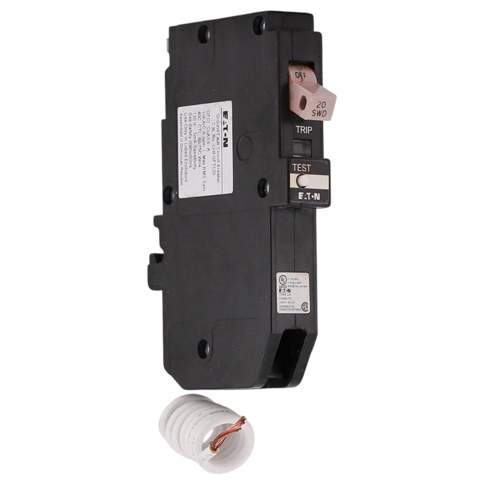 Eaton CH, CHFGFT120, 20A, 1P, 120/240V, GFCI, Pigtail Neutral, Circuit Breaker