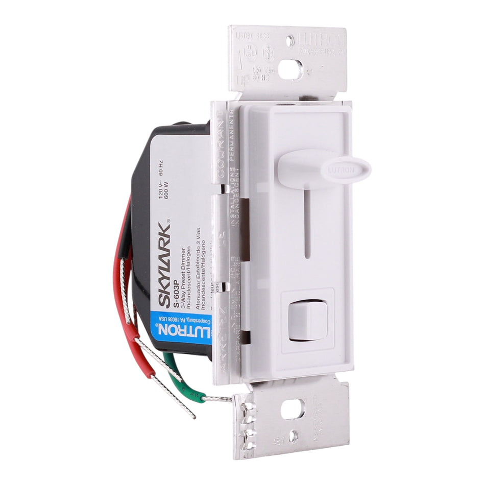 Lutron Skylark, S-603P-WH, 600W, 120V, 3-Way/Single-Pole, Incandescent/Halogen, Slide Dimmer, White