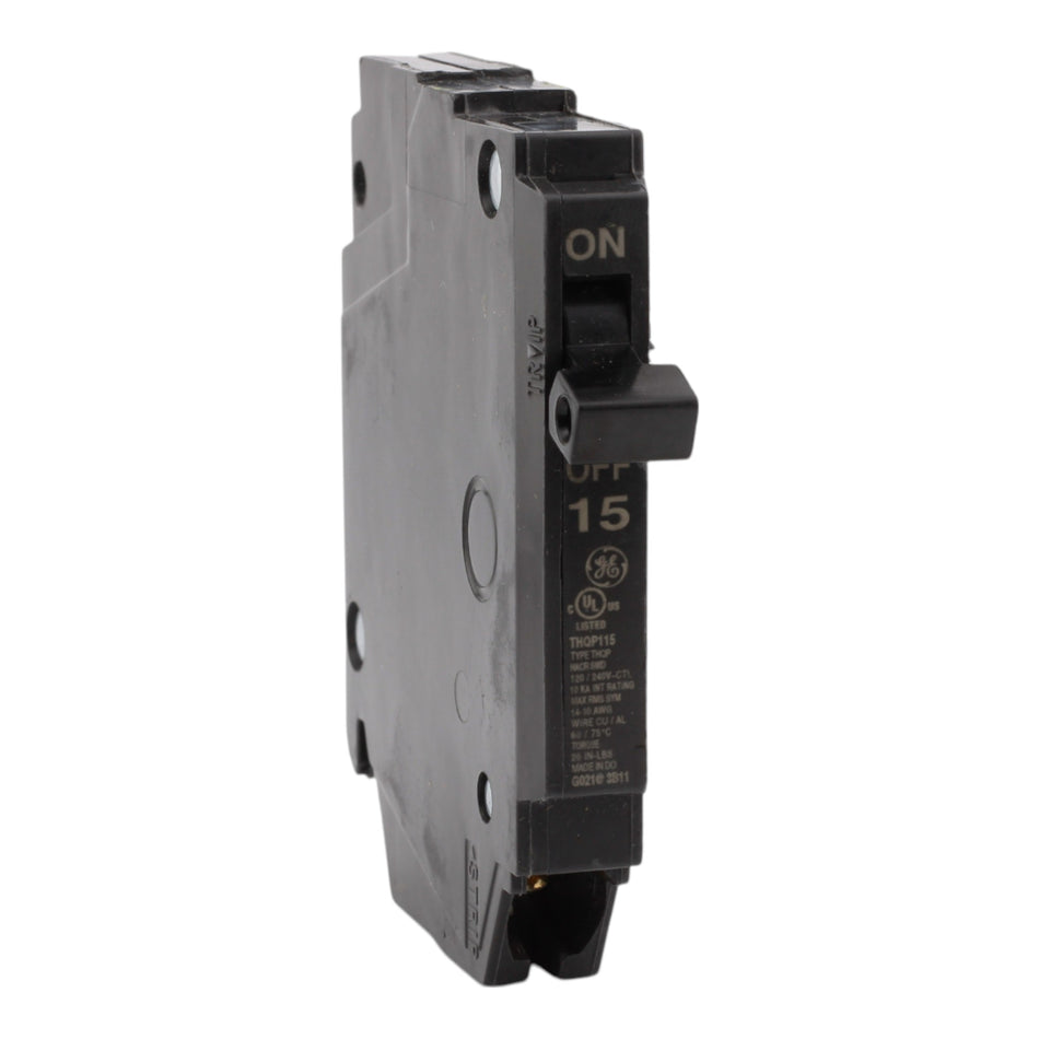 GE THQP115 15 Amp Single-Pole Circuit Breaker - 120/240V, 10kA, Plug-In, UL Listed
