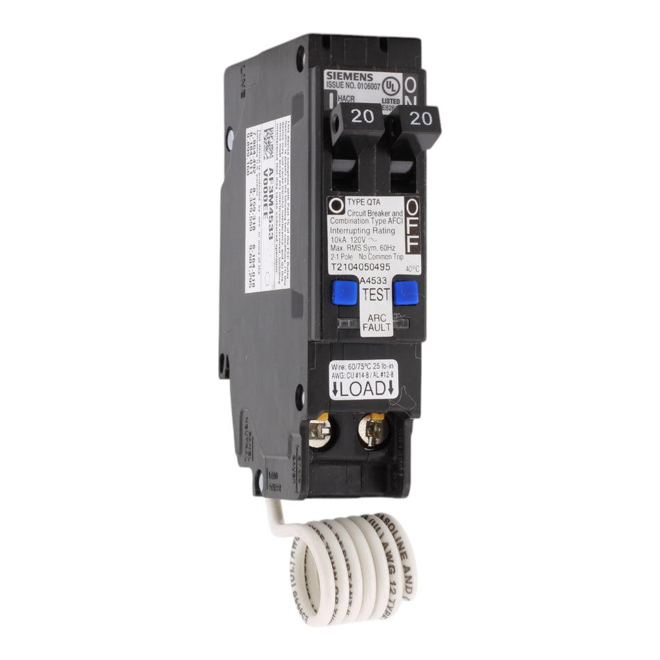 Siemens Q2020AFC, 20A/20A, 120V, Twin (Tandem) Plug-In Circuit Breaker, Combination Type AFCI, 10kA Interrupt Rating