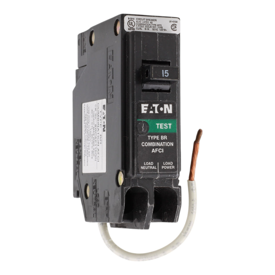 Eaton BRCAF115QN, 15A, 120V, 1-Pole AFCI Circuit Breaker, Quick Connect Neutral, Plug-On, for BR Load Centers