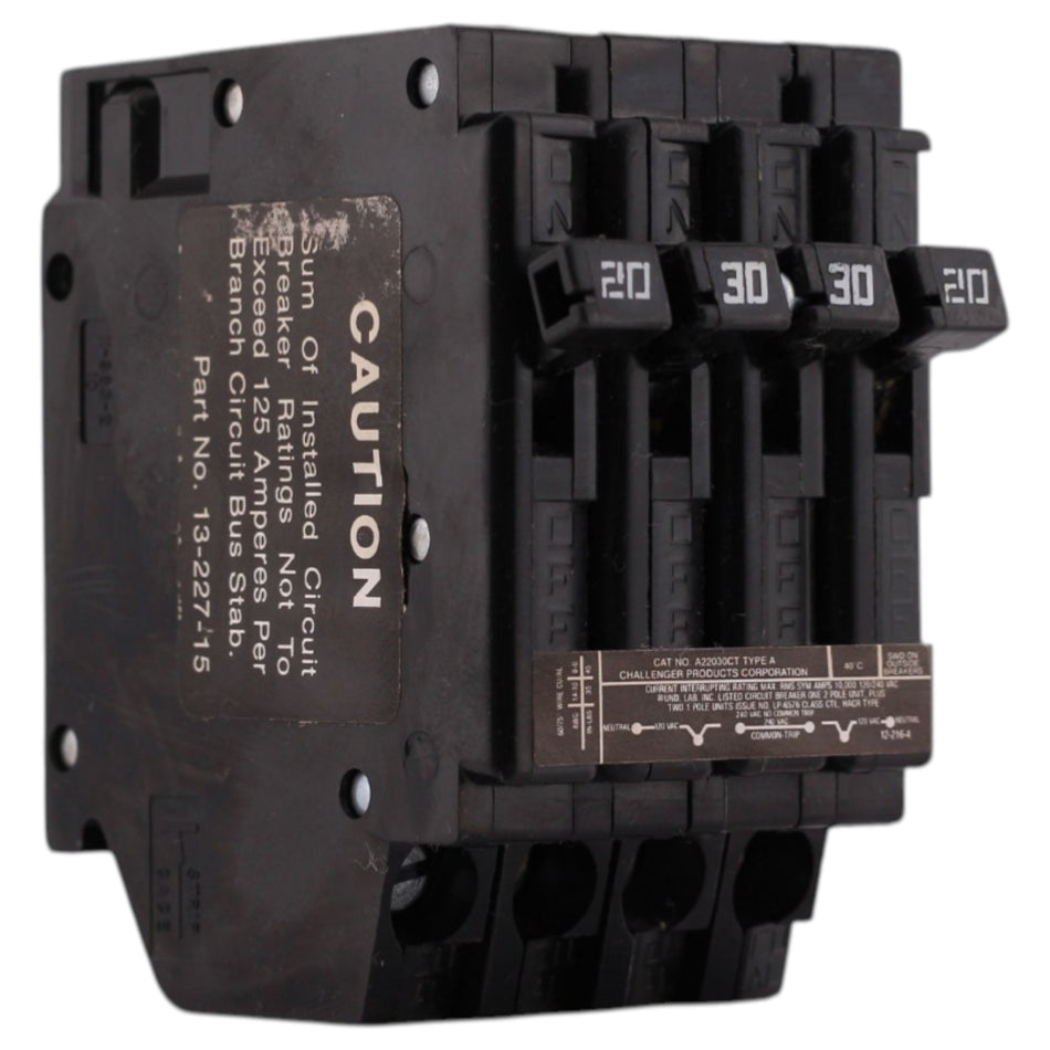 Challenger Type A, A22030CT, 20A/30A, 4P, 120/240V, Quadplex, Plug-In, Circuit Breaker