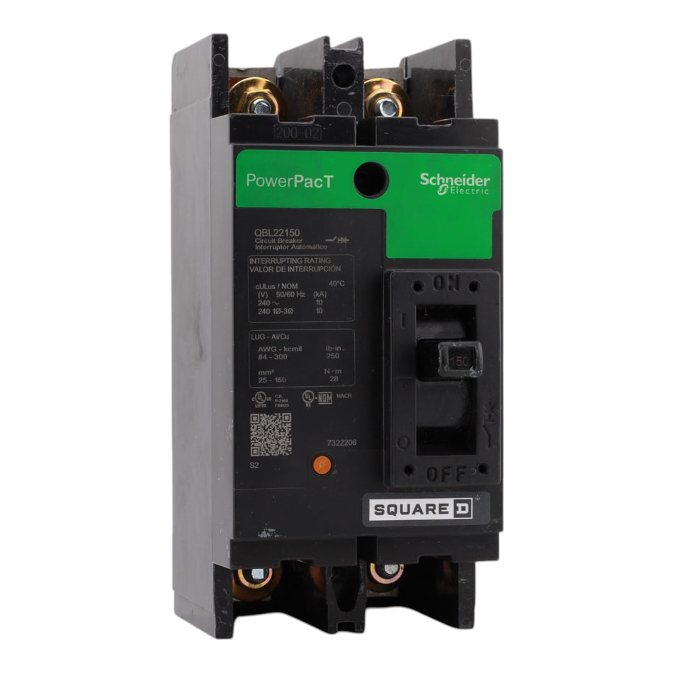 Square D PowerPacT QBL22150, 150A, 240V, 2-Pole Molded Case Circuit Breaker, Thermal Magnetic, 10kA, Lugs, for 240VAC Systems