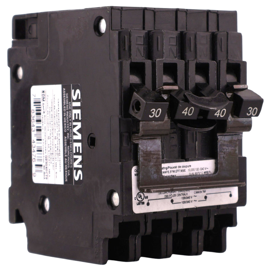 Siemens QT, Q23040CT2, 30A/40A, Quadplex, 120/240V, 10kA, Plug-In, CTL, Circuit Breaker