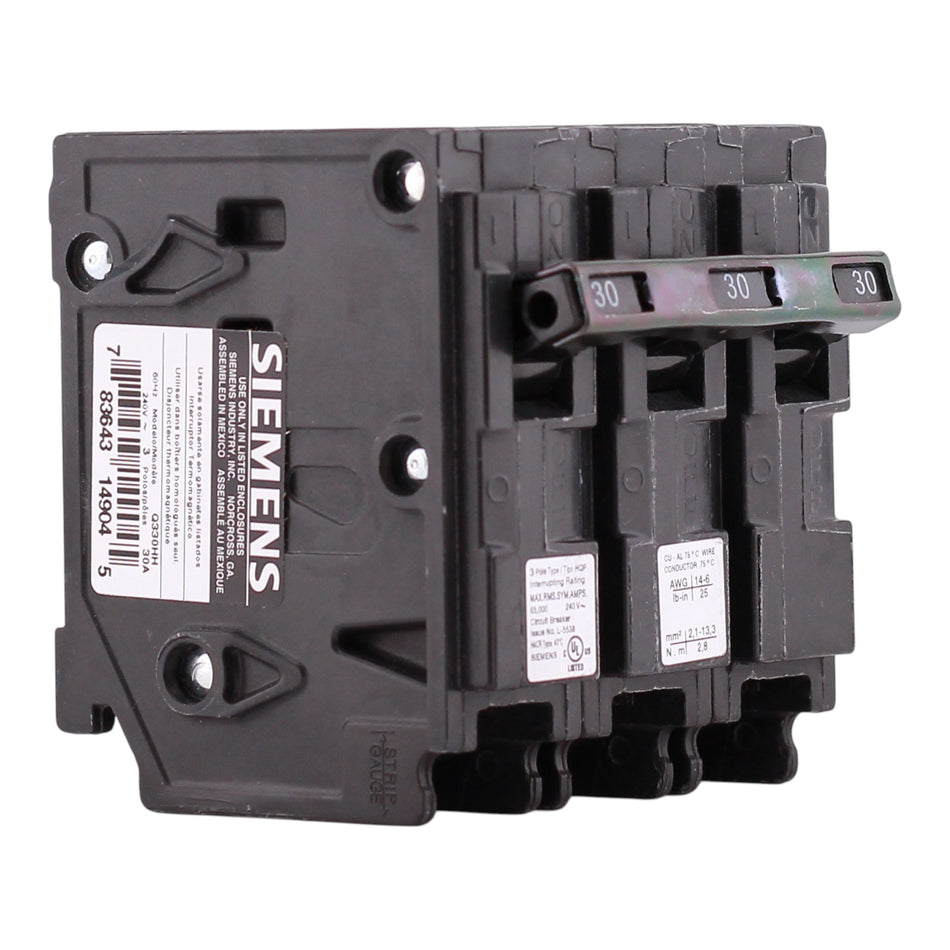 Siemens HQP, Q330HH, 30A, 3P, 240V, 66kA, Thermal Magnetic, Plug-In, Circuit Breaker