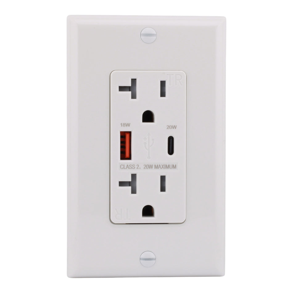 RES POWER 20A USB Outlet, Type A/C, Tamper-Resistant, RES20USBACFC, White