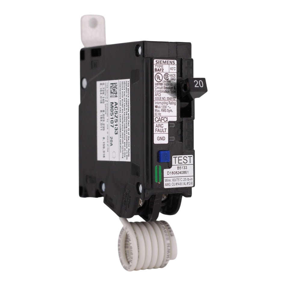 Siemens BA, BA120AFC, 20A, 1P, 120V, AFCI, Pigtail Neutral, Circuit Breaker