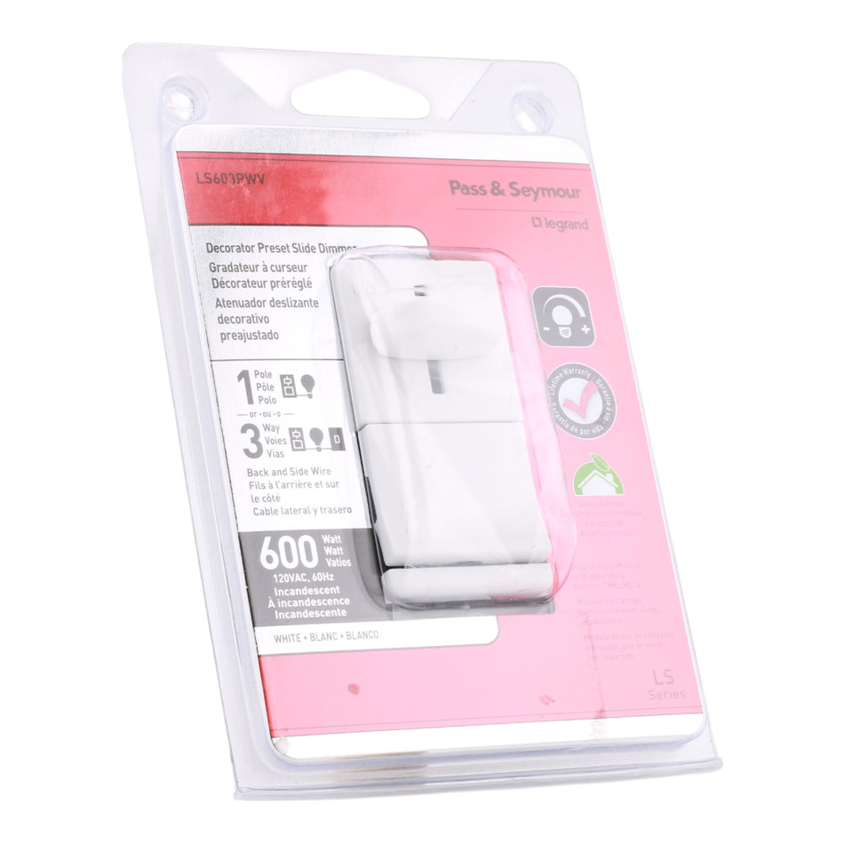 Legrand LS603PWV 600W 3-Way Preset Slide Dimmer White