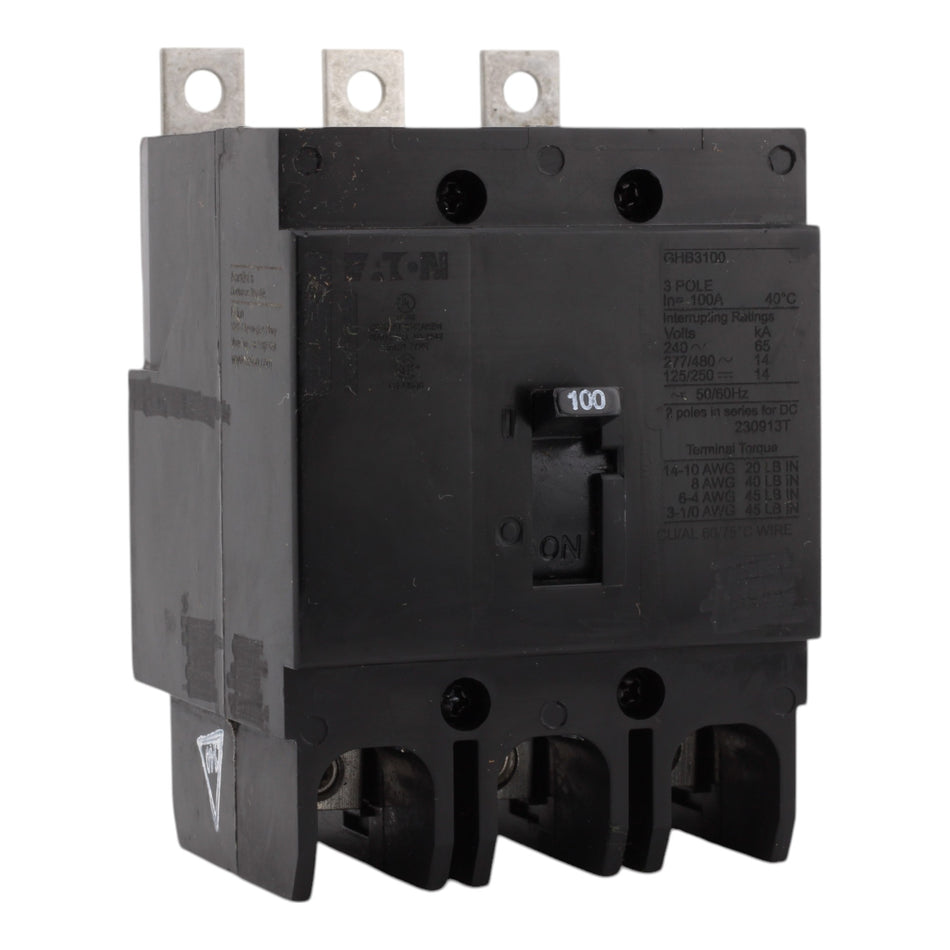 Eaton GHB3100 Molded Case Circuit Breaker, 100A, 480Y/277V AC, 125/250V DC, 3-Pole, 14 kAIC, G-Frame