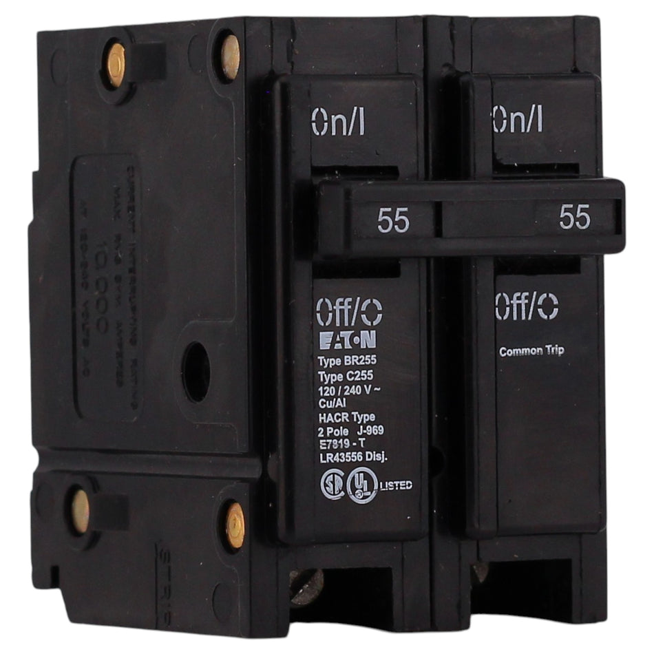 Eaton BR, BR255, 55A, 2P, 120/240V, 10kA, Plug-On, Thermal-Magnetic, Circuit Breaker