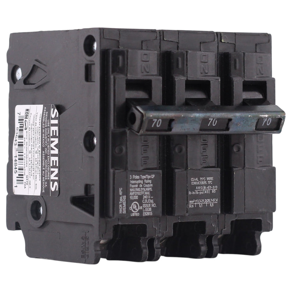 Siemens QP, Q370, 70A, 3P, 240V, 10kA, Plug-In, Thermal-Magnetic, Circuit Breaker
