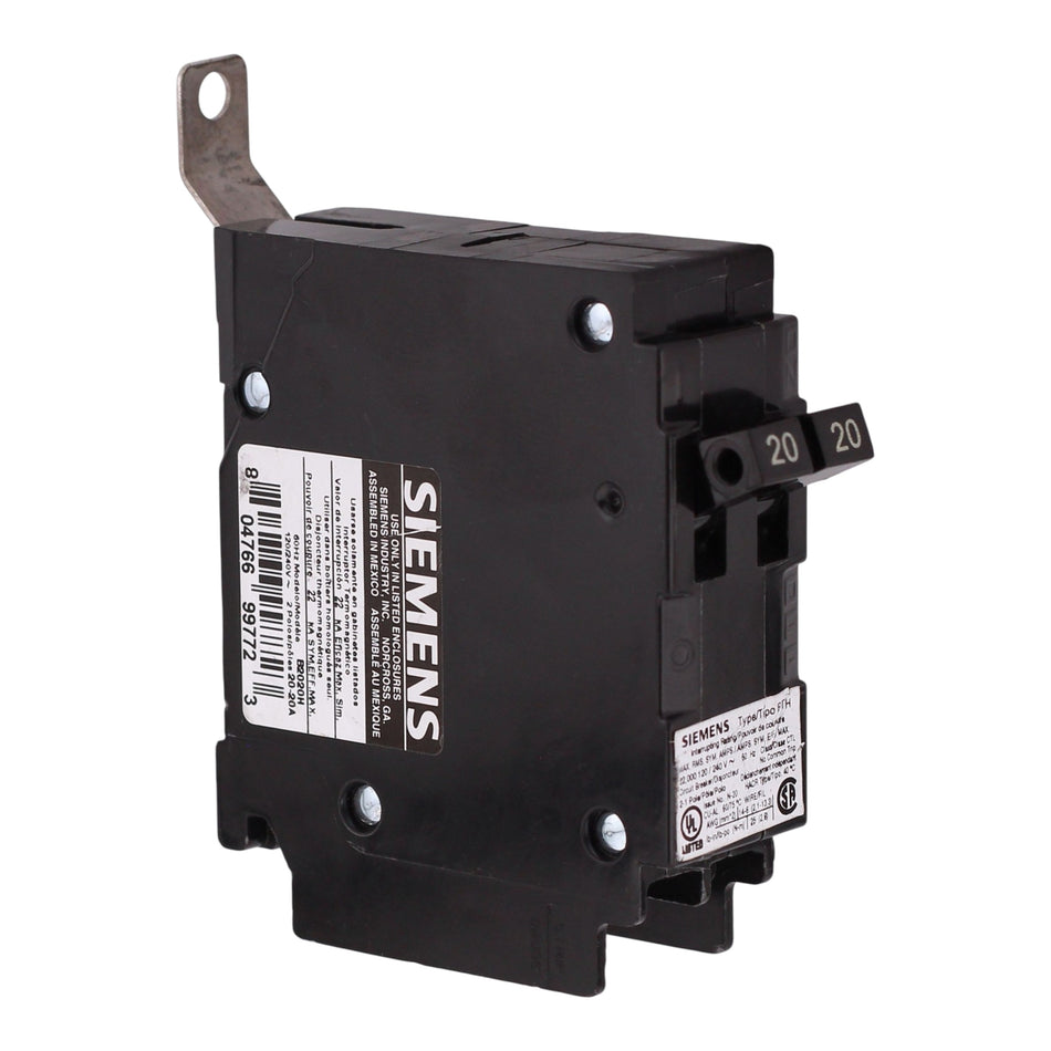 Siemens BT, B2020H, 20A/20A, 1P, 120V, 22kA, Bolt-On, Duplex Circuit Breaker