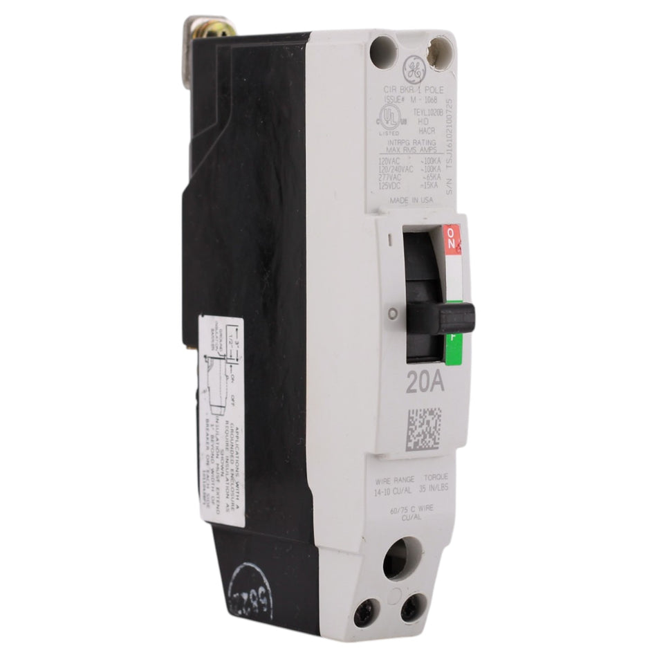 GE TEY, TEYL1020B, 20A, 1P, 480/277V, 65kAIC, Bolt-On, Lighting Panel Circuit Breaker